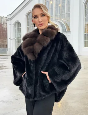 Черный норковый жакет с воротником куницы - фото 11