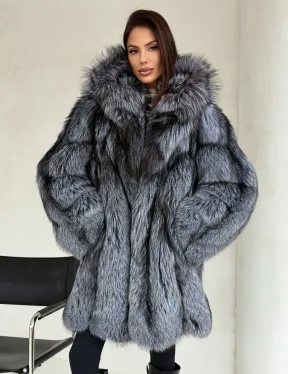 Шуба из натурального меха чернобурки с капюшоном - фото 8