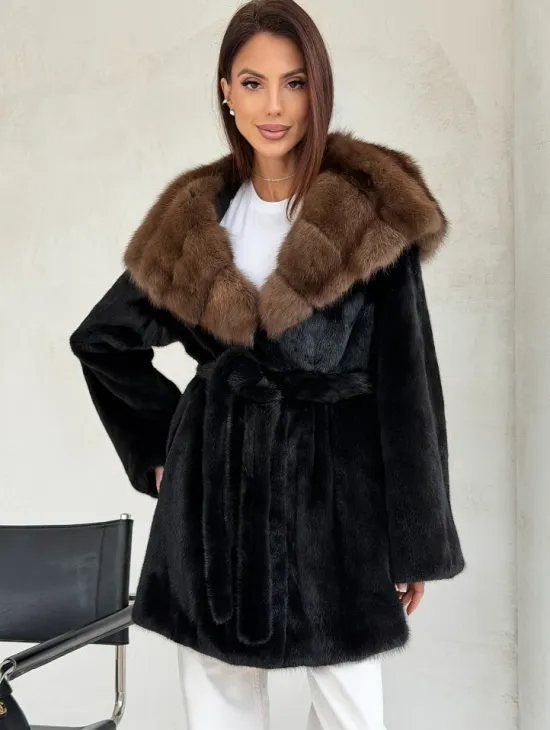 Черная шуба в роспуск с капюшоном соболь - фото 7