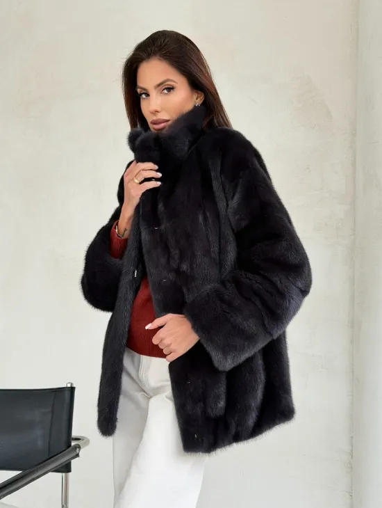 Норковый полушубок графит - стойка воротник - фото 8