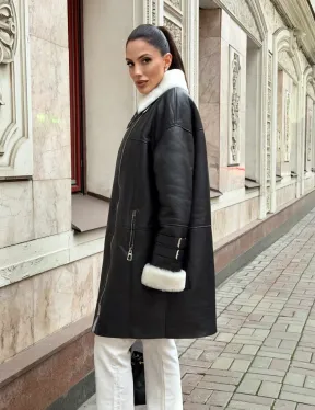 Дубленка авиатор длинная на белой овчине - фото 6