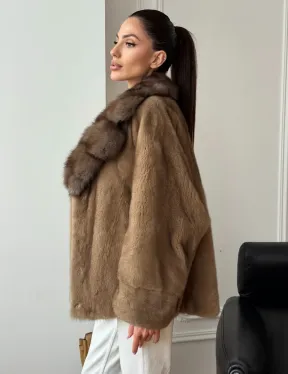 Норковый полушубок с воротником куницы 70 см - фото 4