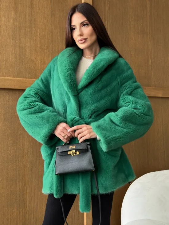 Шуба из плюшевой норки VELVEТ - изумруд - фото 6