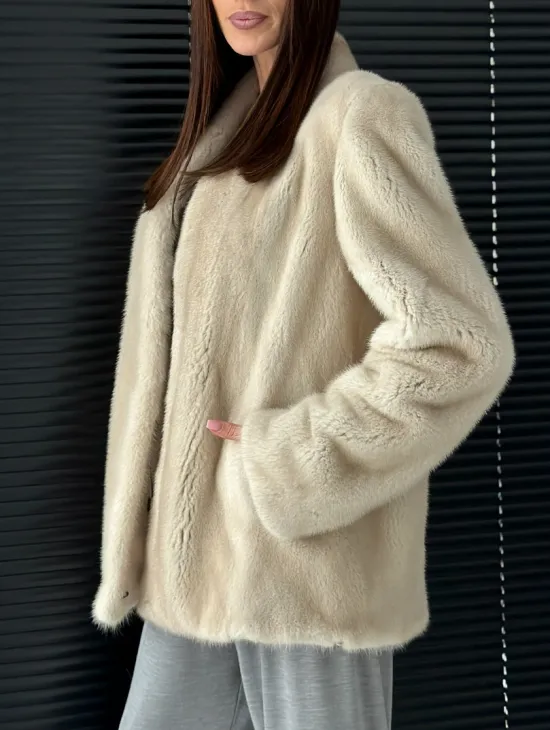 Светлый норковый жакет V-образный воротник - фото 4