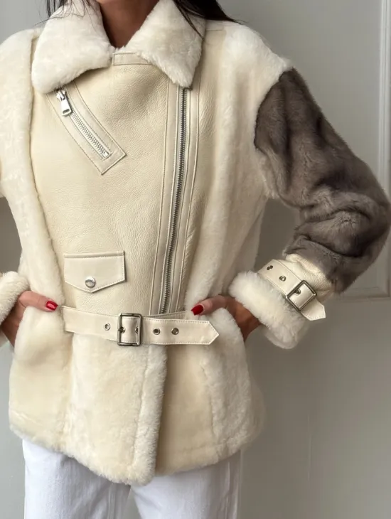 Дубленка из натуральной овчины с рукавами из меха норки - фото 1