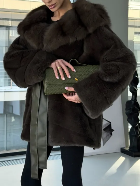 Норковое пончо шуба с капюшоном из меха куницы dark olive - фото 2