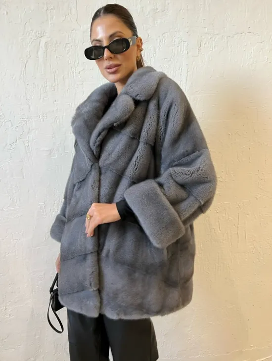 Серая короткая норковая шуба премиум качество - фото 0