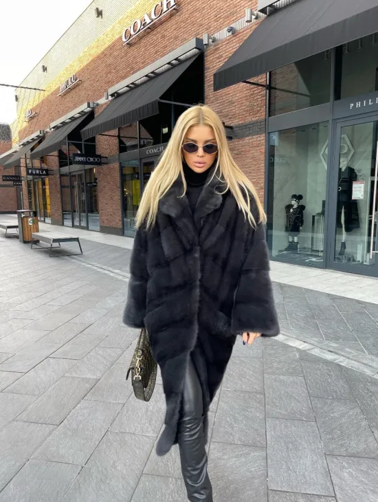 Шуба из меха норки с английским воротником - цвет графит - фото 3