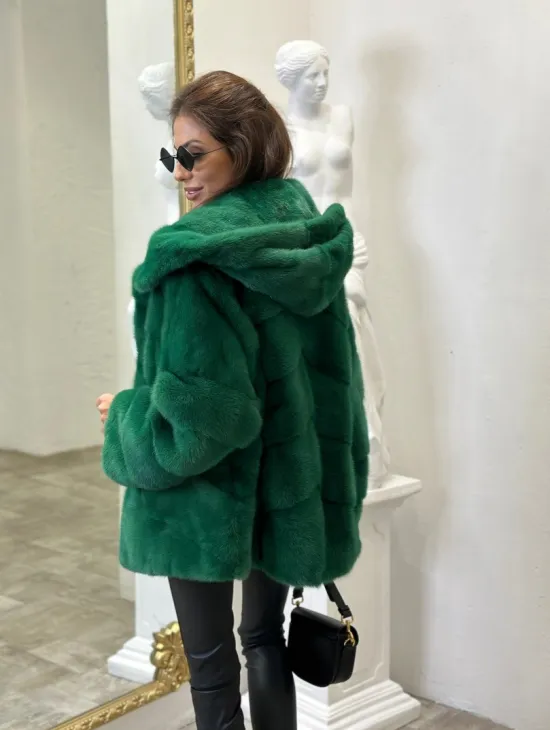 Норковый полушубок с капюшоном - цвет изумруд - фото 4