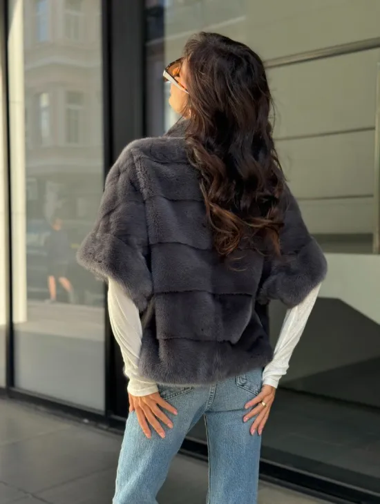 Норковый пуховик/жилет 2в1 - светлый графит - фото 6