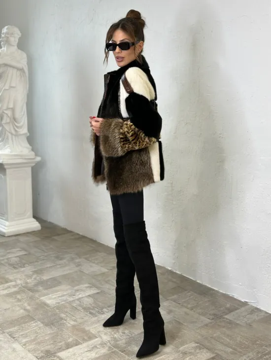 Комбинированная норковая курточка на молнии - фото 6