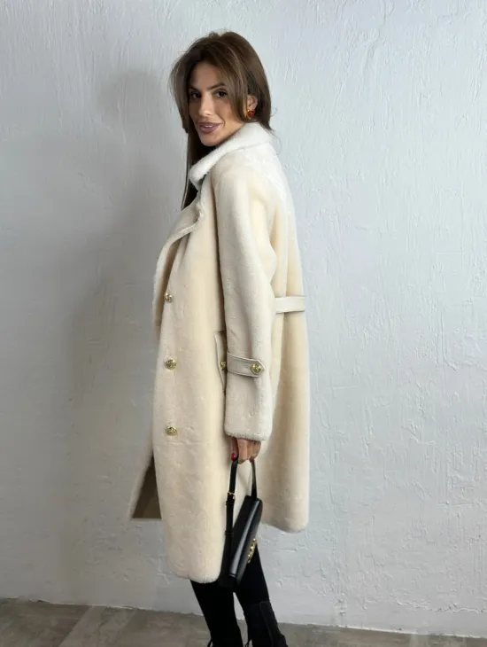 Дубленка из овчины с мехом норки - цвет молочный - фото 2