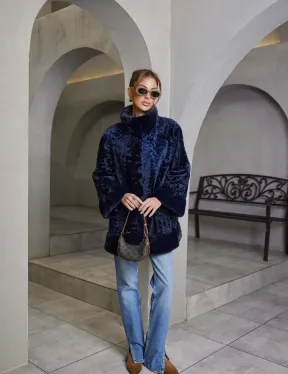 Шуба из каракульчи стойка воротник - цвет синий - фото 3