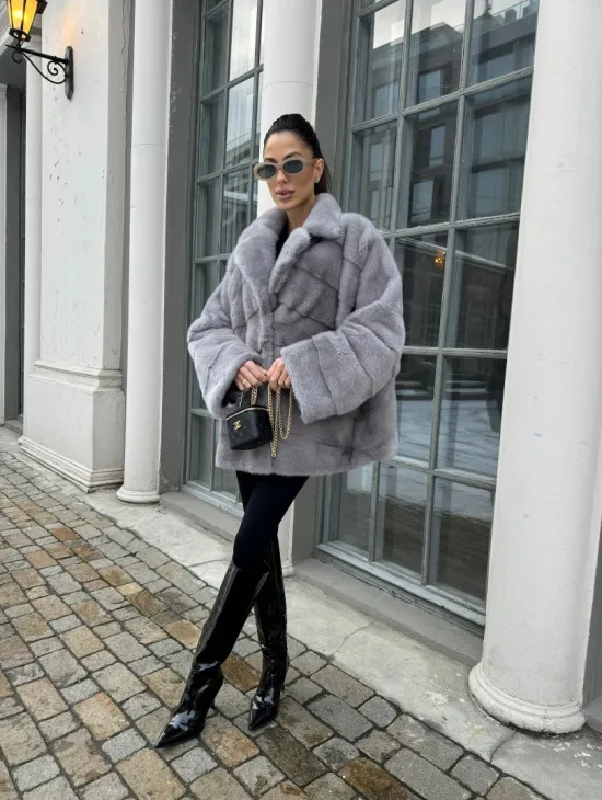 Норковый полушубок паркет английский воротник - цвет серый сапфир - фото 6