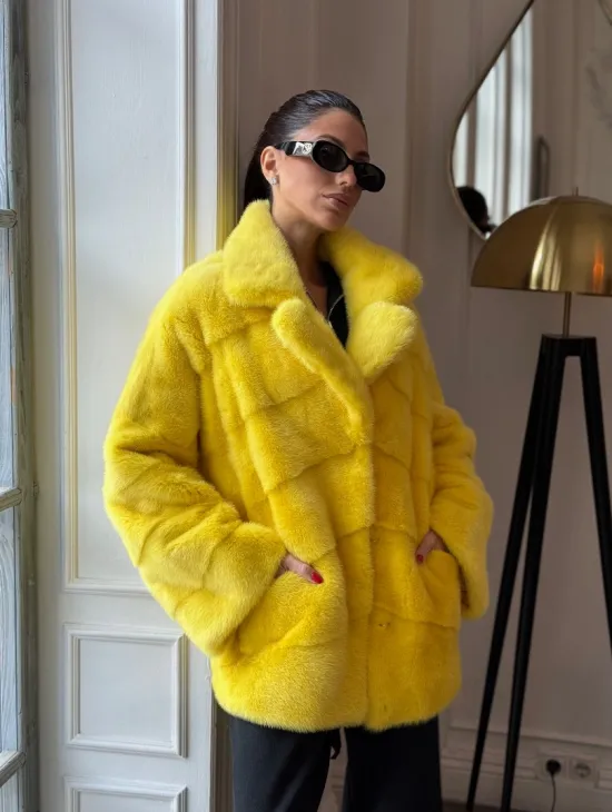 Норковый полушубок английский воротник, паркет - цвет лимонный - фото 6