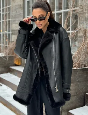 Черная дубленка авитор на овчине - фото 0