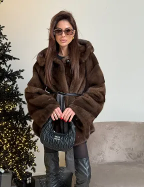 Норковый жакет с капюшоном, роспуск в цвете орех - фото 5