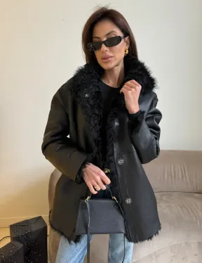 Двусторонняя дублёнка, мех тиградо - цвет черный - фото 5