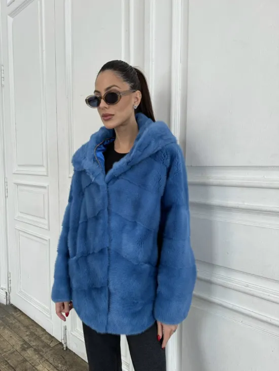 Норковый полушубок с капюшоном, паркет - цвет васильковый - фото 6