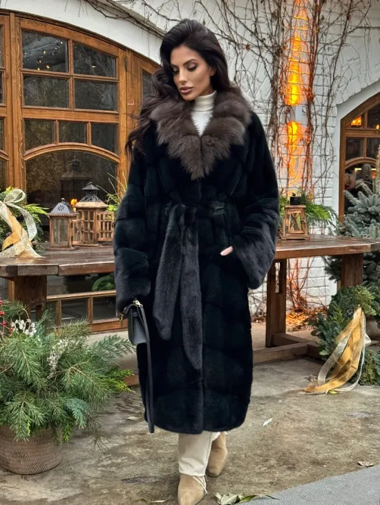 Норковое кимоно с воротником из меха куницы - цвет черный изумруд - фото 8