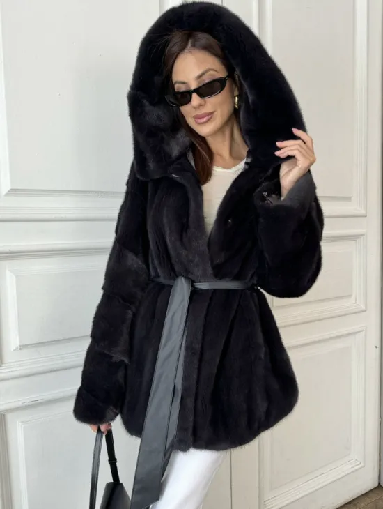 Норковый жакет с капюшоном, роспуск - цвет графит - фото 1