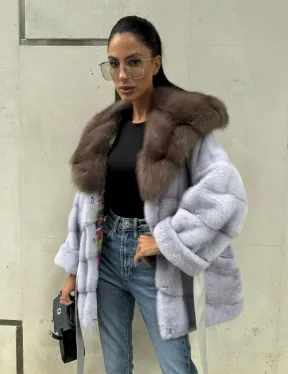 Шуба норковая с капюшоном из меха куницы - цвет голубой - фото 12