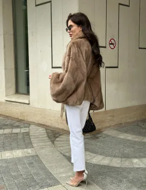 Шуба автоледи из норки цвет бежевый - фото 8